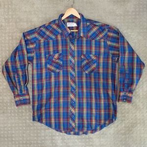 Vintage Mens Wrangler Pearl Snap Plaid Shirt Western Rockabilly Long Tail 19-35